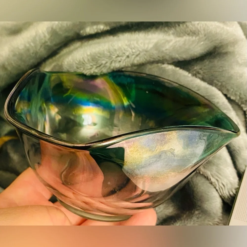 Glass serving dish ombré green blue to clear iridescent wavy top rim